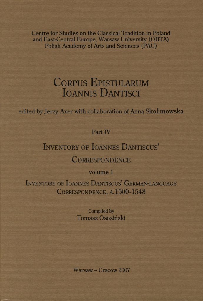 Inventory of Ioannes Dantiscus' German-language correspondence, a. 1500-1548 okładka