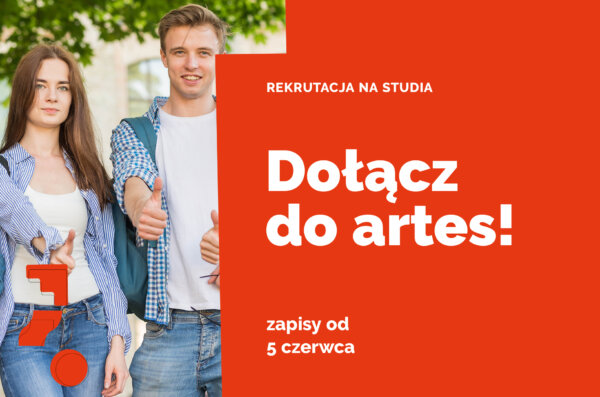 Grafika informująca o rozpoczęciu rekrutacji na studia od 5 czerwca. W tle uśmiechnięci studenci z uniesionymi kciukami w geście OK