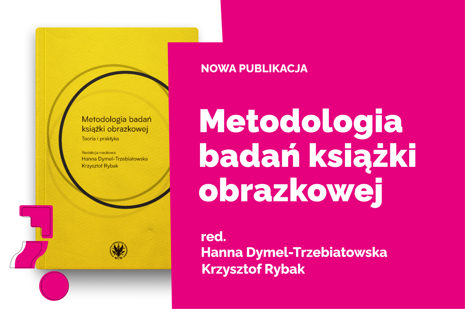 Grafika promocyjna nowej publikacji „Metodologia badań książki obrazkowej. Teoria i praktyka” – po lewej stronie żółta okładka książki z tytułem i nazwiskami redaktorów, po prawej różowe tło z dużym napisem informującym o nowej publikacji.
