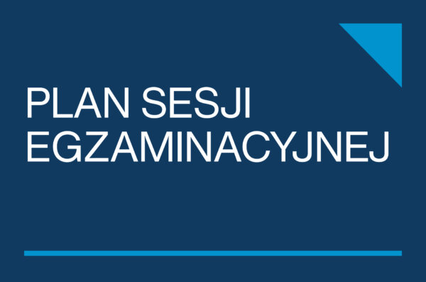 Slajd tytułowy z granatowym tłem i białym napisem „PLAN SESJI EGZAMINACYJNEJ”; w prawym górnym rogu jasnoniebieski trójkątny element graficzny, na dole cienka jasnoniebieska linia.