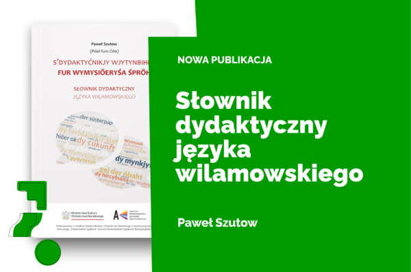 Okładka publikacji „Słownik dydaktyczny języka wilamowskiego” Pawła Szutowa – grafika promocyjna z informacją o nowej publikacji, przedstawiająca okładkę książki na zielonym tle.