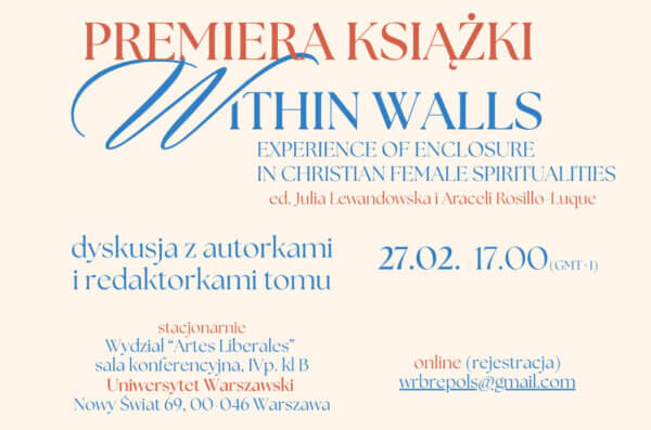 Plakat informujący o premierze książki „Within Walls” i spotkaniu z autorkami, 27 lutego 2026, Uniwersytet Warszawski oraz online.