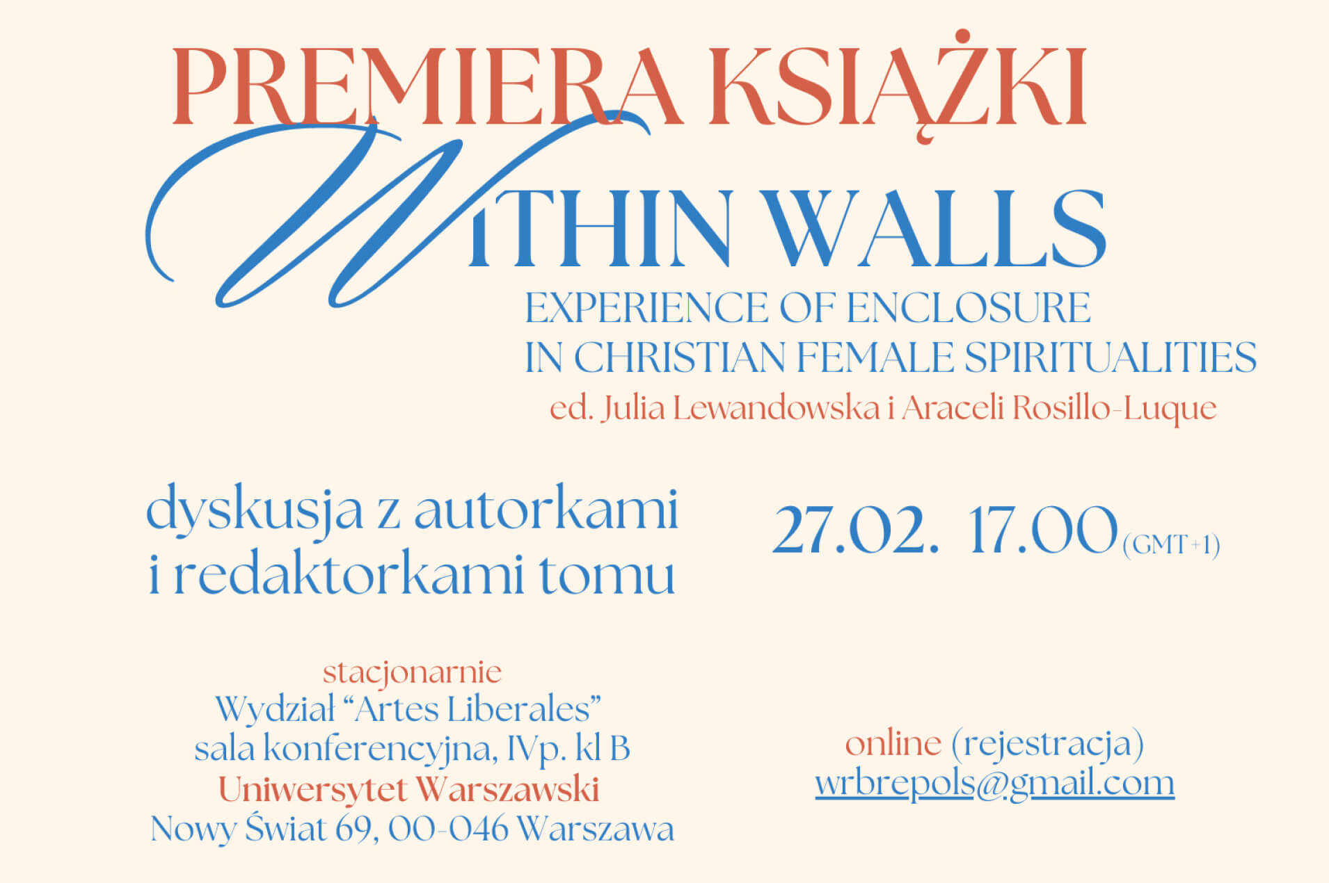 Plakat informujący o premierze książki „Within Walls” i spotkaniu z autorkami, 27 lutego 2026, Uniwersytet Warszawski oraz online.